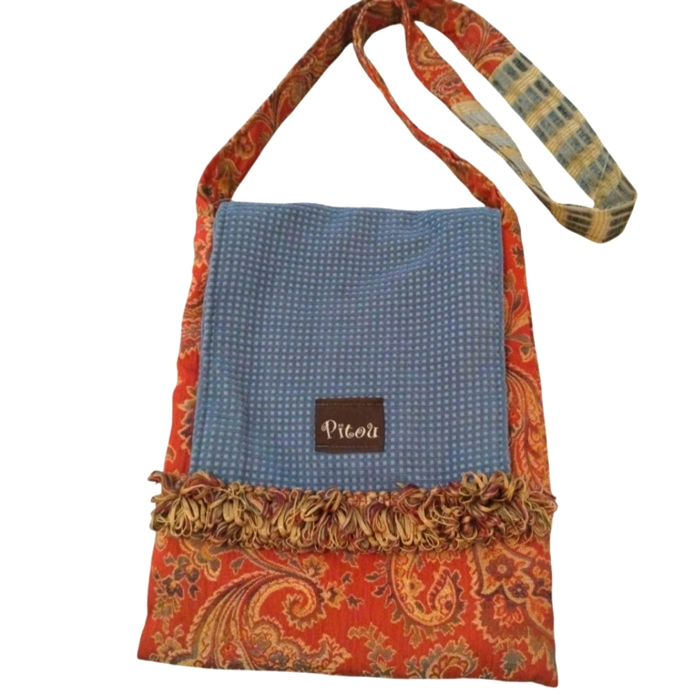 Pitou Bohemian Paisley Floral Print Blue and Red Crossbody Bag